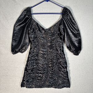 Lucy In The Sky Women’s Black Satin Mini Dress Size Small Ruched Puff Sleeve